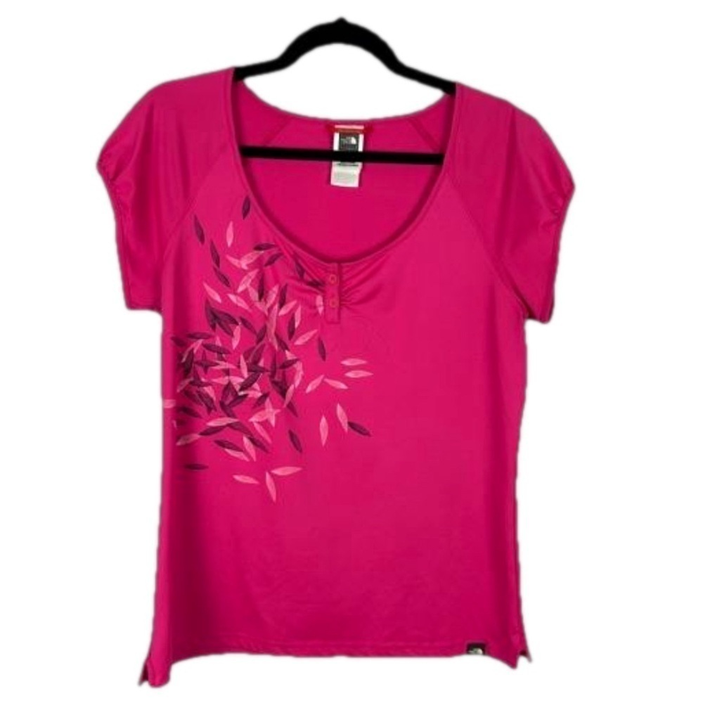 The North Face Women's Bright Pink Short Sleeve Tee with Leaf Motif